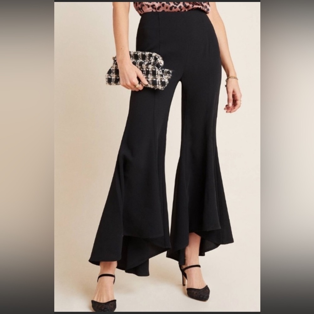 Anthropologie black wide leg flounce flare zinnia trousers